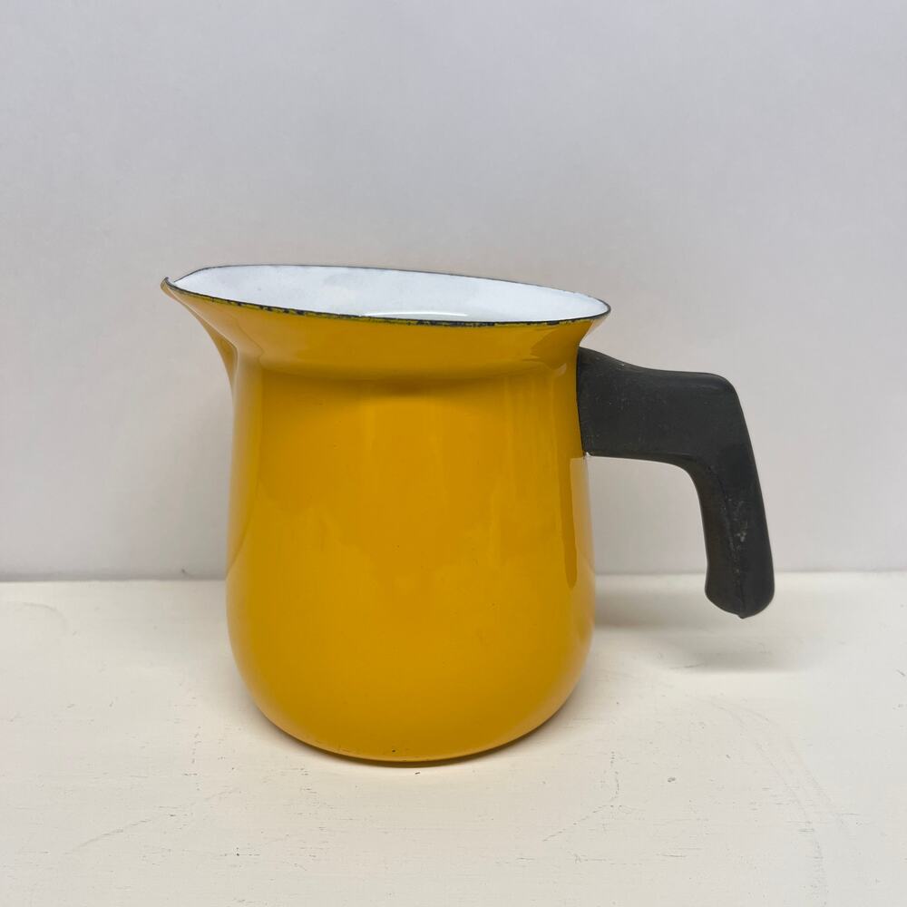 Vintage Yellow Enamelware Pitcher with Black Handle 5"